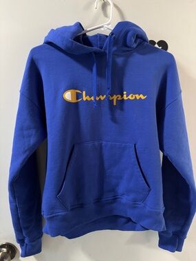 Champion Blue Hoodie with Yellow Script Logo